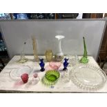 OPALINE GLASS VASE, GREEN GLASS EPERGNE TRUMPET AND OTHER DECORATIVE GLASS