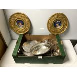 A PAIR OF ORNATE SET BRASS WALL PLAQUES INSET WITH PORCELAIN PORTRAIT PLAQUES AND PLATED GALLERIED
