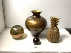 TWO MODERN GLAZED VASES, A GILT PINEAPPLE ORNAMENT, AND A CERAMIC BALL