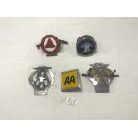 THREE AA CAR BADGES, IAM INSTITUTE OF ADVANCED MOTORISTS, AND THE CAMPING CLUB OF GREAT BRITAIN