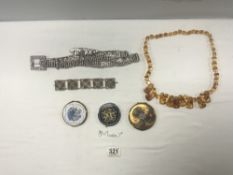 FILIGREE SET WHITE METAL BRACELET, STRATTON COMPACTS, AND TWO OTHERS AND AMBER COLOUR NECKLACE