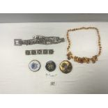 FILIGREE SET WHITE METAL BRACELET, STRATTON COMPACTS, AND TWO OTHERS AND AMBER COLOUR NECKLACE