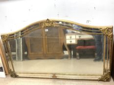 MODERN GILT FRAMED BEVELLED FRENCH STYLE OVERMANTLE MIRROR WITH MOULDED DECORATION (ONE PIECE