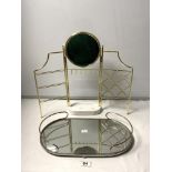 BRASS VANITY MIRROR AND OVAL MIRRORED TRAY