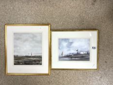 ALAN WICKHAM - (LOCAL ARTIST) TWO WATERCOLOUR DRAWINGS OF COASTAL SCENES WITH FISHING BOATS, ONE