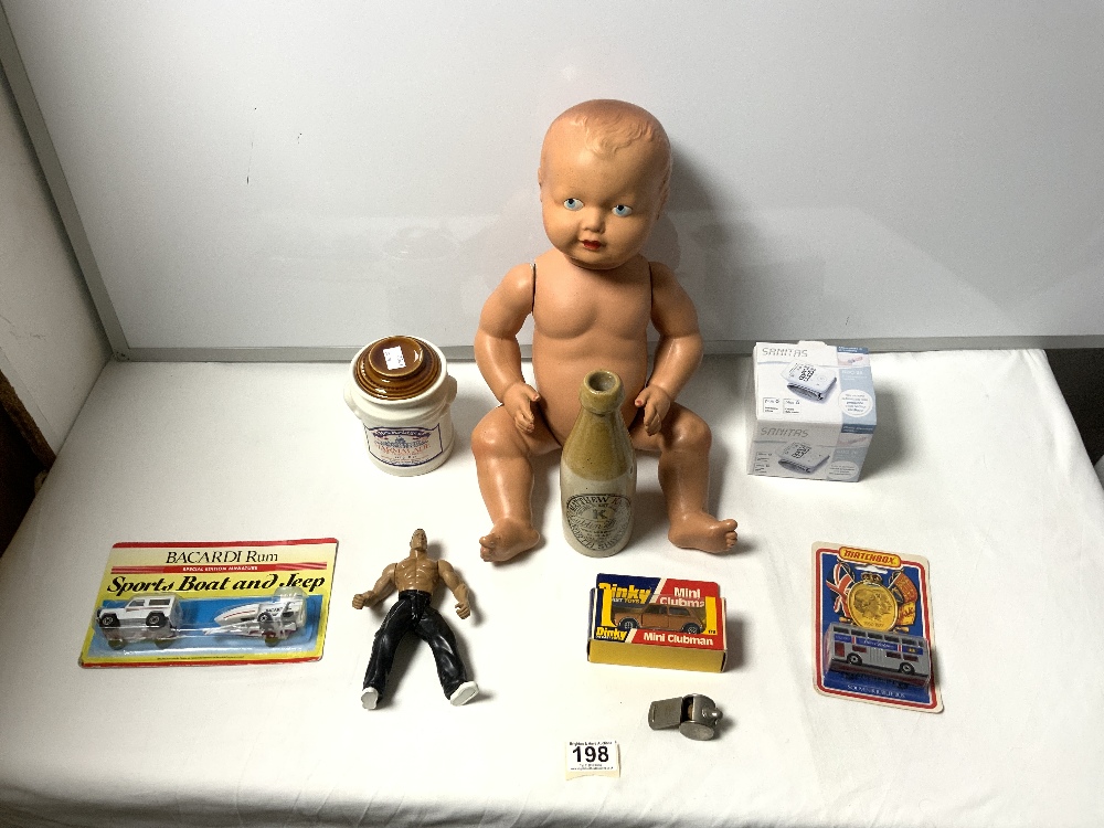 1950S COMPOSITE DOLL, STAMPED 'MADE IN ENGLAND 50', MARMALADE JAR, GINGER BEER BOTTLE, DINKY MINI