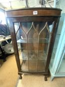 1930S BOW FRONT MAHOGANY DISPLAY CABINET ON BALL AND CLAW FEET, 58 X 125CMS