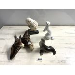 CERAMIC MONKEY BOOKEND, TWO USSR PORCELAIN FIGURES OF SEAL AND OTTER, AND A JEMA HOLLAND HORSE