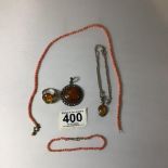 THREE SILVER AND AMBER PIECES OF JEWELLERY WITH VINTAGE CORAL JEWELLERY A/F