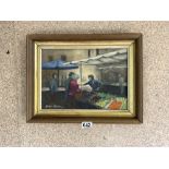 GRAHAM PATTENER OIL ON BOARD - MARKET STREET SCENE WITH FIGURES, 33 X 23CMS