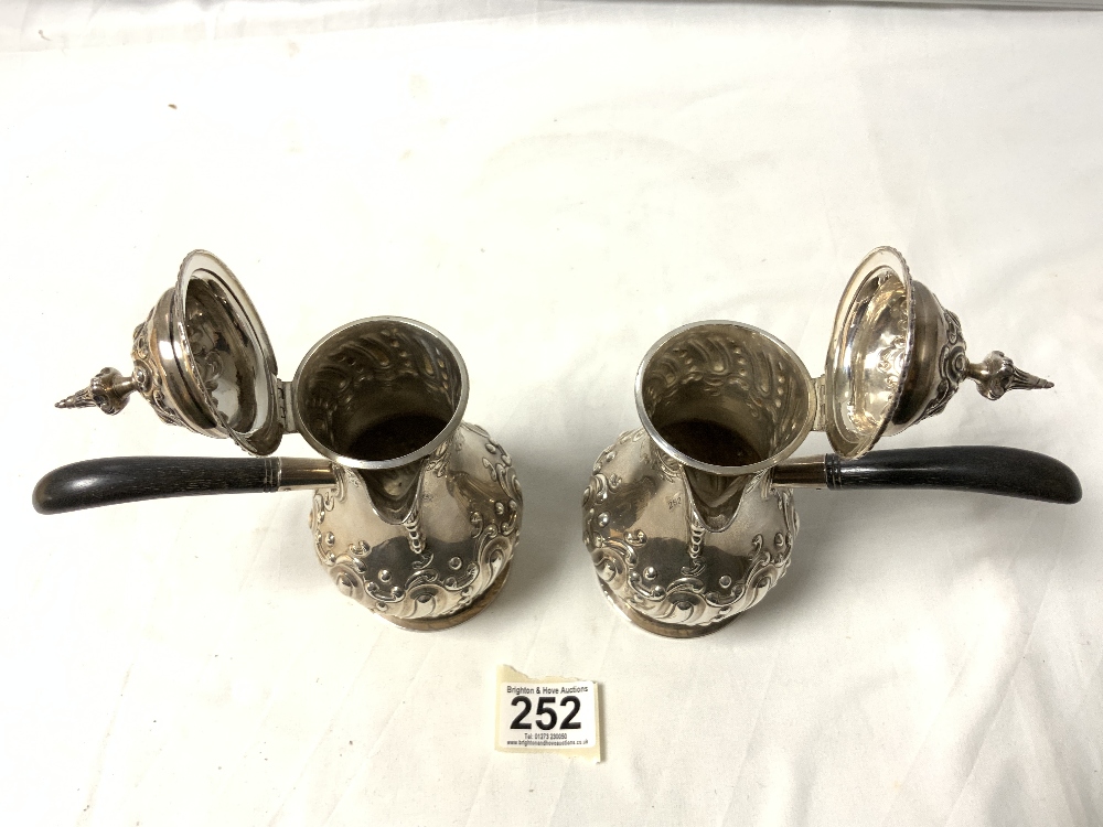A PAIR OF HALLMARKED SILVER GEORGIAN DESIGN EMBOSSED CHOCOLATE POTS WITH EBONY HANDLES - SHEFFIELD - Image 2 of 4