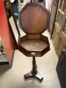 LATE VICTORIAN OCTAGONAL MAHOGANY WORK TABLE ON TRI-FORM BASE
