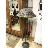 TIFFANY STYLE LAMP STAND WITH LEADED LIGHT COLOURED SHADE ON A BRONZE EFFECT COLUMN, 160CMS