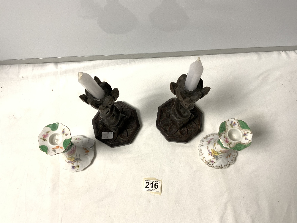 PAIR OF WOODEN OPEN TWIST CANDLESTICKS 22CMS AND A PAIR OF PORCELAIN CANDLESTICKS - Image 2 of 3