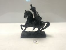 SPELTER FIGURE OF A CAVALIER ON HORSE BACK, 24CMS