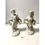 A PAIR OF LATE VICTORIAN PARIAN WARE FIGURES OF BOY AND GIRL CARRYING BASKETS, 37CMS (A/F)