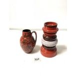 1960S WEST GERMAN RED GLAZED JUG, 16CMS AND A 1960S RED CERAMIC CANDLESTICK