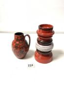 1960S WEST GERMAN RED GLAZED JUG, 16CMS AND A 1960S RED CERAMIC CANDLESTICK