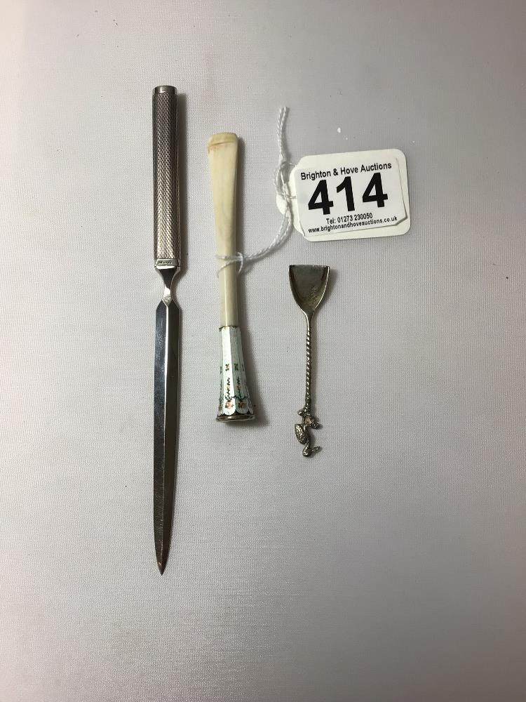 A FRENCH SILVER AND ENAMEL CIGARETTE HOLDER, A 925 SILVER HANDLED LETTER KNIFE, AND A WHITE METAL