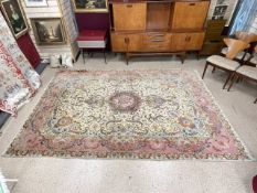 PERSIAN CLOSE PATTERN FLORAL DECORATED WOOLEN RUG WITH PINK BORDER, 202 X 302CMS