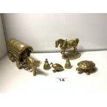 A MODEL BRASS GYPSY CARAVAN, A BRASS SHIRE HORSE AND OTHER BRASS FIGURES