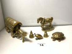 A MODEL BRASS GYPSY CARAVAN, A BRASS SHIRE HORSE AND OTHER BRASS FIGURES