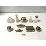 FIVE HALLMARKED SILVER TOPPED JARS AND BOTTLE, HALLMARKED SILVER NAIL BUFFER AND THREE GLASS SCOUT