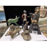 BRONZE FIGURE OF A FAWN, 12CMS, FOUR BRONZE ANIMALS, SPELTER SEATED BOY, AND METAL FIGURE CANDLE