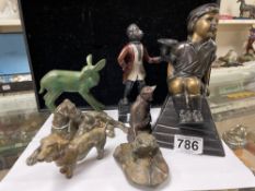 BRONZE FIGURE OF A FAWN, 12CMS, FOUR BRONZE ANIMALS, SPELTER SEATED BOY, AND METAL FIGURE CANDLE