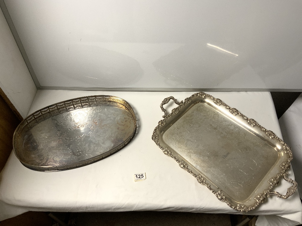 TWO SILVER-PLATED DRINKS TRAYS, SILVER-PLATED COFFEE POT, TEA CADDY, BERRY SPOONS ETC - Image 3 of 3