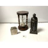 A K W BREVET TABLE LIGHTER, HOUR GLASS SAND TIMER AND A KNIGHT FIGURE TABLE LIGHTER