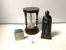 A K W BREVET TABLE LIGHTER, HOUR GLASS SAND TIMER AND A KNIGHT FIGURE TABLE LIGHTER