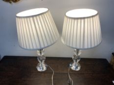 PAIR OF MODERN CUT GLASS STYLE TABLE LAMPS AND SHADES, 40CMS