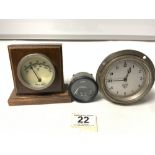 A VINTAGE SMITHS ALUMINUM CAR CLOCK, A SMITHS FUEL GAUGE, AND A CAR THERMOMETER