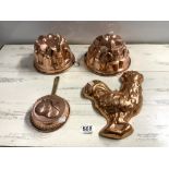 TWO VICTORIAN COPPER JELLY MOULDS, COCKEREL COPPER MOULD AND A COPPER PAN MOULD