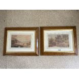 PAIR OF WATERCOLOUR DRAWINGS OF FIGURES AND HOUSE IN LANDSCAPE IN OLD MAPLE FRAMES, 19 X 29CMS