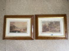 PAIR OF WATERCOLOUR DRAWINGS OF FIGURES AND HOUSE IN LANDSCAPE IN OLD MAPLE FRAMES, 19 X 29CMS