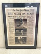 FRAMED PUZZLE COMPLETED OF THE NEW YORK TIMES, JULY 21ST 1969, MEN WALK ON THE MOON, 60 X 84CMS