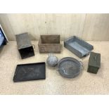 GALVANISED DRAINER, AMMUNITION BOX, TWO METAL BOXES, TRAY, AND A WOODEN BOTTLE BOX