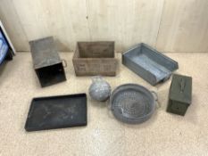 GALVANISED DRAINER, AMMUNITION BOX, TWO METAL BOXES, TRAY, AND A WOODEN BOTTLE BOX