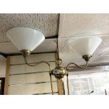 LATE VICTORIAN BRASS RISE AND FALL TWO BRANCH HANGING LIGHT WITH OPAQUE GLASS SHADES