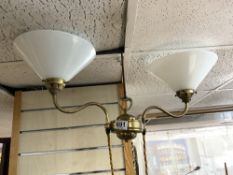 LATE VICTORIAN BRASS RISE AND FALL TWO BRANCH HANGING LIGHT WITH OPAQUE GLASS SHADES
