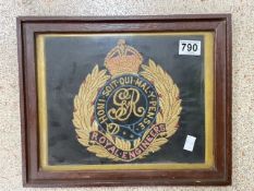 ROYAL ENGINEERS SILK EMBROIDERED BADGE IN FRAME, 28 X 23CMS