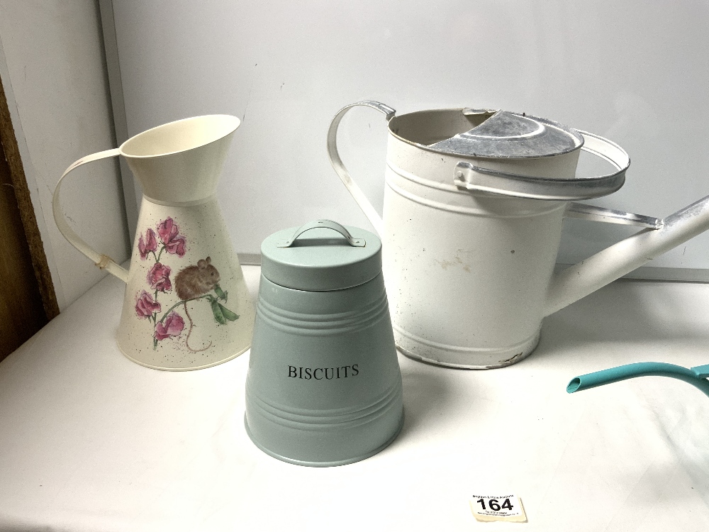 TWO METAL WATERING CANS, TWO WATER JUGS AND A BISCUIT BARRELL - Image 2 of 4