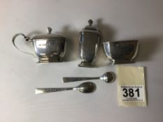 ART DECO HALLMARKED SILVER THREE-PIECE CONDIMENT SET OF RECTANGULAR FORM BY WILLIAM SUCKLING LTD