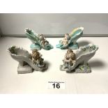 TWO 20TH-CENTURY PAIRS OF CERAMIC FIGURES OF WINGED CHERUBS ON SHOES, 13CMS