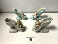 TWO 20TH-CENTURY PAIRS OF CERAMIC FIGURES OF WINGED CHERUBS ON SHOES, 13CMS