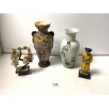 TWO CERAMIC VASES, THE LARGEST 32CMS, AN ORIENTAL LACQUERED FIGURE, AND AN ORIENTAL GLASS TREE