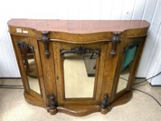 VICTORIAN MARQUETRY INLAID WALNUT CREDENZA WITH THREE MIRRORED DOORS, 120 X 35CMS
