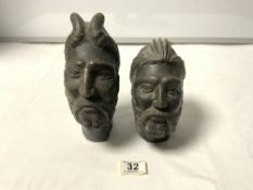 TWO CARVED HEAVY HARDSTONE HEADS OF BEARDED MEN, 21CMS